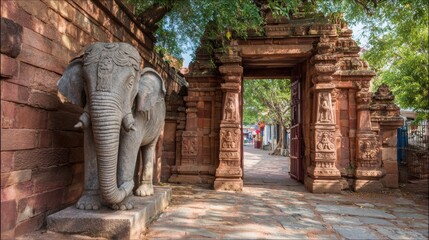 Fototapeta premium Indian Elephant Statue at Temple Gate Representing Removal of Obstacles in a Historical Setting With Intricate Designs and Natural Surroundings