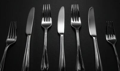 A row of silverware including forks, knives, and spoons
