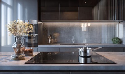 A kitchen with a black stove top and a silver pot on it