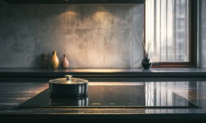 A black stove top with a pot on it