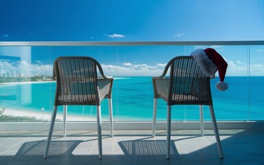 Fototapeta premium Tropical Christmas Vacation on Sunny Beach Balcony with Aqua Ocean View and Santa Hat on Chair