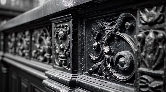 Close-up of ornate, detailed, textured, dark, metal balustrade with intricate carvings