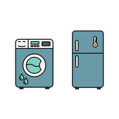 Simple flat vector art illustration of a teal blue washing machine with a smiling face and a teal blue refrigerator with a thermometer on a black background featuring navy blue outlines and white