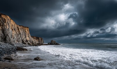 Fototapeta premium A rocky shoreline with a large body of water