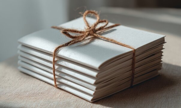 A stack of white papers with a brown string tied around them