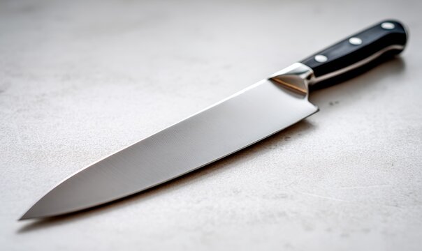 A silver knife with a black handle