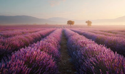 Obraz premium A field of lavender with two trees in the middle
