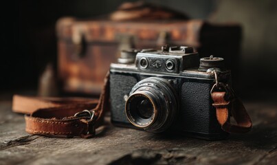 A camera with a leather strap is on a wooden table