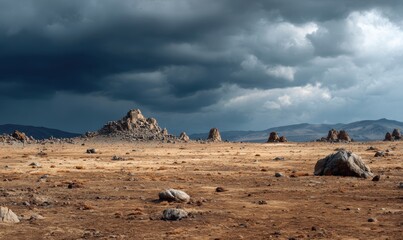 A desert with a large rock in the middle