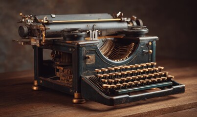 An old fashioned typewriter with a black and gold keyboard