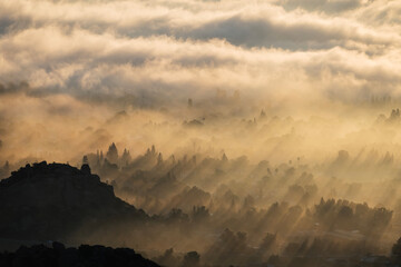 Stoney Point Park with colorful sunrise fog in the Chatsworth community of Los Angeles California. 