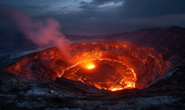 A volcano with a large crater and a fire inside