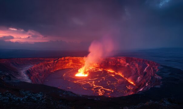 A volcano with a large crater and a fire in the middle
