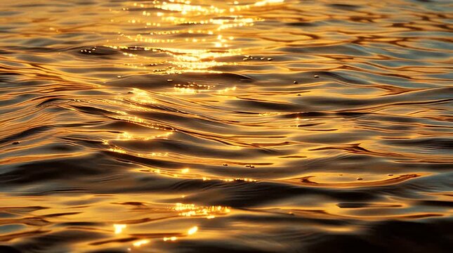 Close-up of water surface with a golden sunset reflection, showcasing ripples and light play