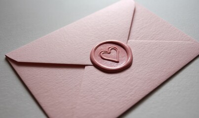 A pink envelope with a heart stamp on it