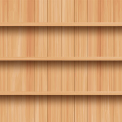 Realistic wooden shelf background with vertical planks and empty display spaces for product mockup, interior design, natural wood textures. Vector illustration