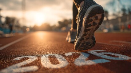 Marathon athlete running success runner on a track approaching the year 2026 silhouette. On your mark, set 2026. Corredora running track, 2026 sprint track runner. 