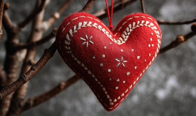 A red heart ornament hanging from a tree branch