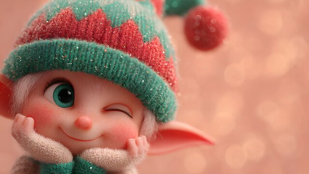 Funny face Elf with one eye open and closed. Holoday little Christmas Elf. Cute, winking elf in a festive, cozy style with pointed ears, green hair, wearing a green and peach-colored knitted sweater. 