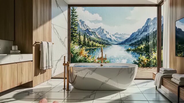 A serene mountain lake painting adorns a bathroom wall with a grand bathtub, evoking feelings of relaxation and rejuvenation, perfect for conveying wellness concepts or promoting spa like.