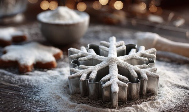 A snowflake is sitting on a table with a bowl of sugar
