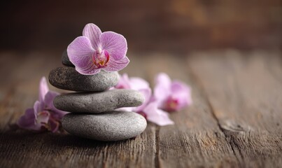 A stack of rocks and a pink flower