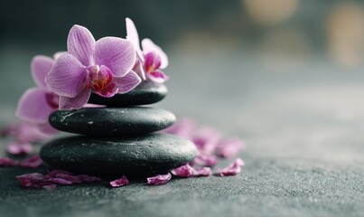 Naklejka premium Three black stones with a pink flower on top