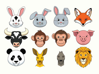 Fototapeta premium Collection of cartoon animal faces vector illustration set