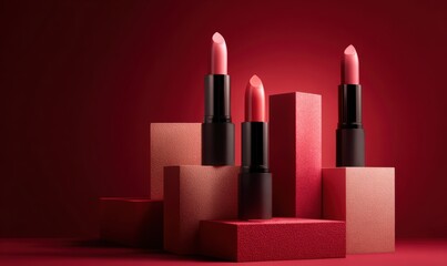 Three red lipstick tubes are displayed on a red background
