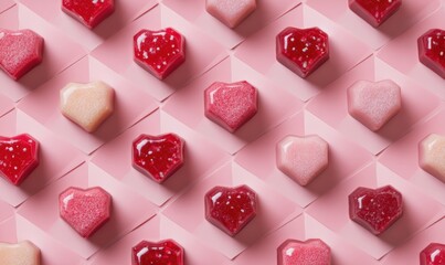 A row of heart shaped candies on a pink background