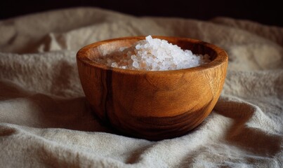 A wooden bowl filled with salt