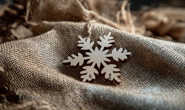 A wooden snowflake is on a piece of cloth