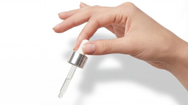 Cosmetic serum dropper in female hand isolated on white
