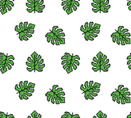 Naklejka premium pixel monstera leaf Seamless Pattern vector background pixel art for 8 bit game 