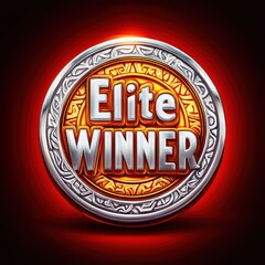 A metallic medallion, showcasing "Elite Winner" with a golden center and silver detailing, set against a red glow