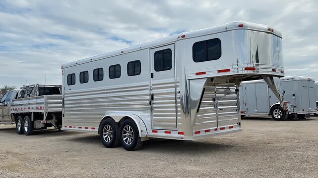 Silver Gooseneck Trailer Parked on Paved Road - Transportation Equipment, Livestock Hauling, and Farm Machinery Storage.