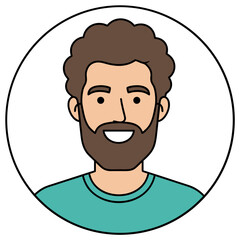 Fototapeta premium Stylized flat vector portrait of a smiling man with a beard and curly brown hair wearing a teal t-shirt against a white circular background representing a profile picture
