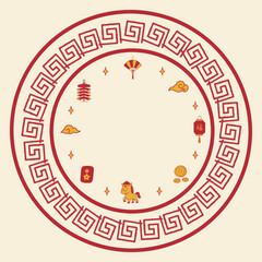 Cute doodle circle frame decorated with lanterns, clouds and firecracker. Ideal for greeting cards, posters, or invitations.