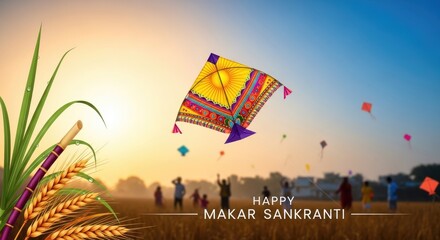 Colorful kites soaring across the beautiful evening sky during the traditional Makar Sankranti festival, people enjoying the harvest celebration with sugarcane and wheat.