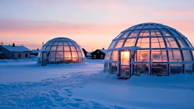 Glass igloos or geodesic domes glowing under the pink and blue light of a cold winter sunset in a snowy landscape