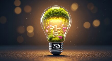 Eco friendly luminous bulb containing lush green plants, vibrant flowers, showcasing energy conservation for improved financial economy, promoting sustainable living.