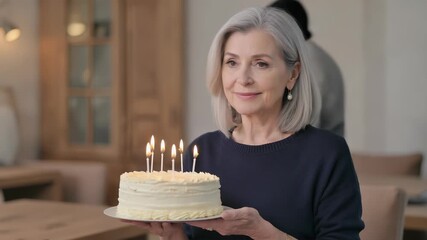 Senior Woman Smiling and Holding Birthday Cake, Celebrating Milestone, Joyful Senior Lifestyle, Family Gathering, Festive Occasion.