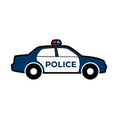 Stylized Police Car Vector Illustration With Blue And Red Lights On Top Minimalist Sticker Design Flat Art Isolated On Black Background