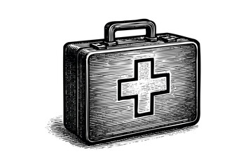 Engraved style first aid kit with a handle, ready for emergencies — stock illustration.