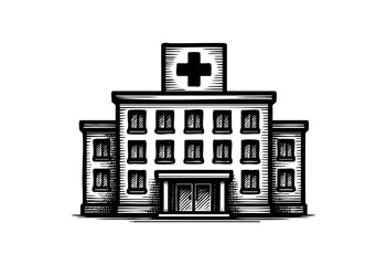 Obraz premium Monochrome hospital building in woodcut style with a medical cross on top — stock illustration.