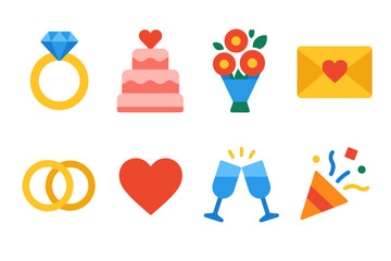 Wedding icons: ring, cake, flowers, heart, celebration, love, party