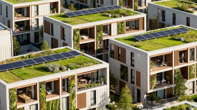 Medium shot capturing the exterior of a completed modular apartment cluster with mixeduse spaces illustrating innovative urban housing solutions and sustainable design.