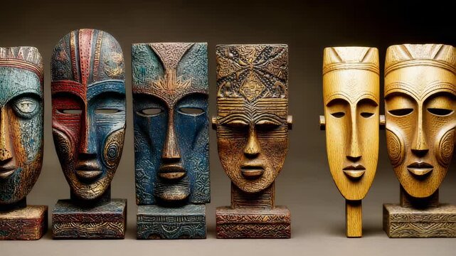 Three Detailed Carved Wooden Masks Displayed in a Row, Demonstrating Traditional Artistry and Cultural Heritage.