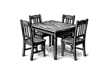 Monochrome woodcut illustration of a square dining table with four chairs, perfect for family meals or social gatherings — stock illustration.