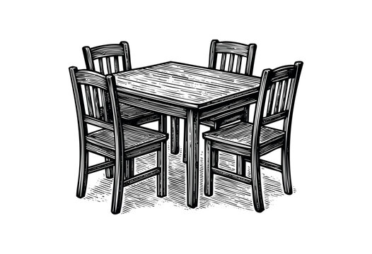 An engraved style illustration of a square dining table with four chairs &mdash; stock illustration.